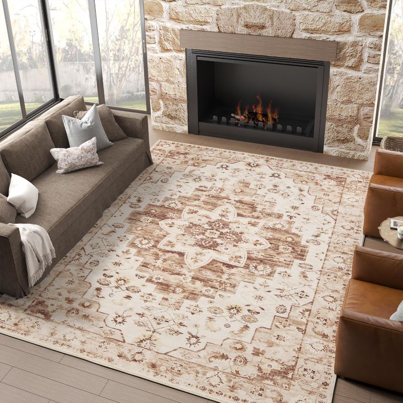 Photo 1 of jinchan Area Rug 8x10 Washable Living Room Rug Vintage Indoor Large Floor Cover Distressed Lightweight Non-Slip Low Pile Thin Mat Accent Stain Resistant Carpet for Bedroom Dining Room Office 
