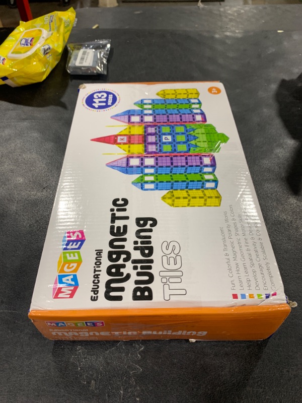 Photo 1 of Magnetic Tiles Building Blocks - 113pcs Advanced Set - STEM Toys for 3+ Year Old Boys and Girls -Strongest Magnets - Includes 13 Piece Insert Alphabet Cards - Learning by Playing