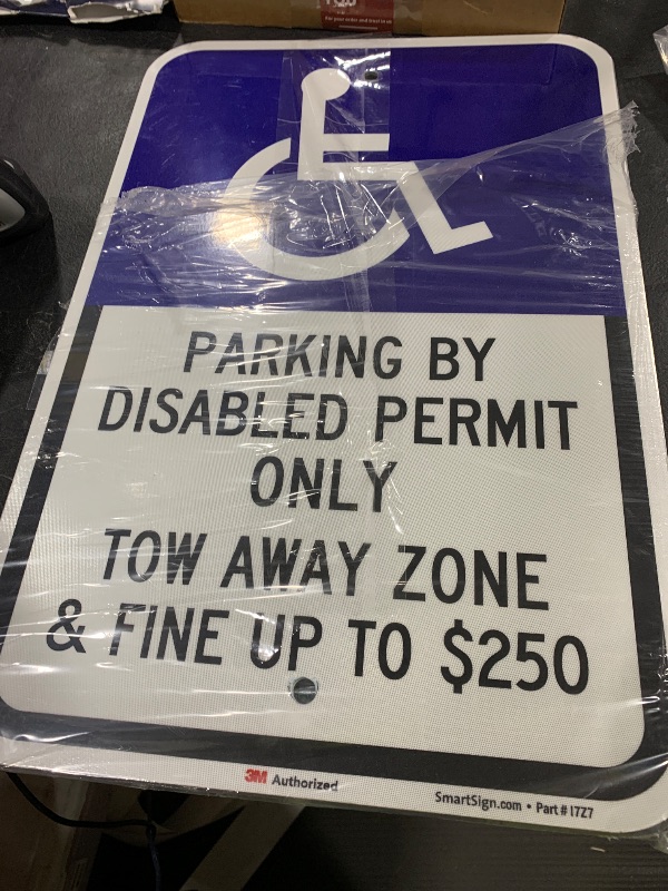 Photo 1 of SmartSign 2-Pack 'Parking By Disabled Permit Only Tow-Away Zone & Fine Up To $250' Sign, 12" x 18", 63 mil Aluminum, 3M Laminated Engineer Grade Reflective Material, Blue/Black/White, USA-Made