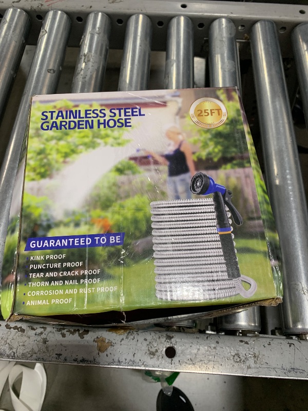 Photo 1 of Garden Hose 25 ft, Stainless Steel Metal Water Hose with 10 Function Nozzle, Lightweight Hose, No Kink, Leak-proof, Puncture Resistant for Yard, Outdoor, RV