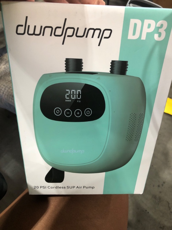 Photo 1 of dwndpump Electric Paddle Board Pump, Rechargeable 20 PSI SUP Pump, Dual-Stage Inflation and Deflation Sup Air Pump, Portable Electric Pump for Kayaks, Wind Wings, SUPs (with 7 Valve Adapters)