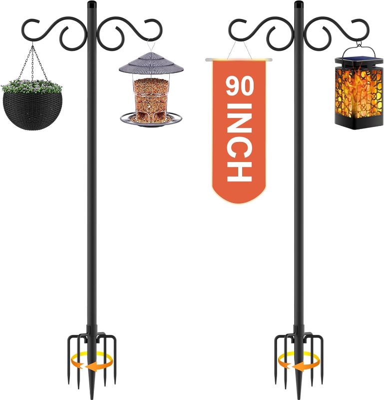 Photo 1 of Double Shepherds Hooks for Outdoor,2 Pack 90 Inch Bird Feeder Pole with 5 Prongs Base,Heavy Duty Shepherds Hook,Suitable for Garden in Hanging Flower Basket,Lantern,Bird Nests (90 Inch)
