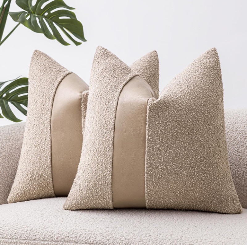 Photo 1 of 18"x18" Oatmeal Boucle Throw Pillow Covers with Faux Leather Accents Set of 2 Fluffy Textured Decorative Pillow Cases for Couch Bed Boho Farmhouse Square Cushion Covers for Nordic Home Décor