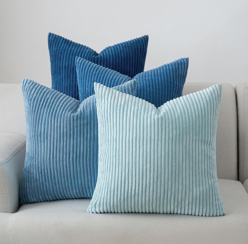 Photo 1 of Volcanics Set of 4 Light Blue Corduroy Decorative Couch Throw Pillow Covers 18x18 Inch, Soft Modern Boho Striped Accent Cushion Cases for Beach, Patio, Balcony, Summer Gradient Shams Home Decor