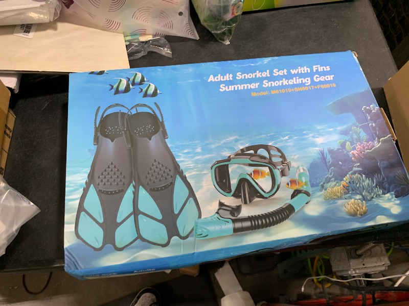 Photo 1 of Ubekezele Snorkeling Gear for Adults Men Women,4 in 1 Snorkel Set with Panoramic View Diving Mask Anti-Fog Anti-Leak,Dry Top Snorkel,Fins and Travel Bag for Swimming,Snorkeling and Travel Diving