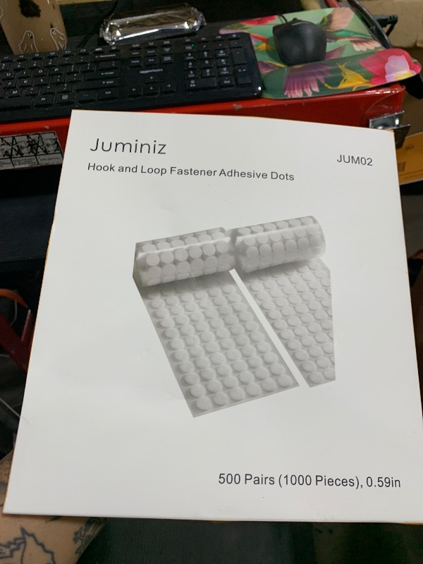 Photo 1 of JUMINIZ 1000 Pcs (500 Pairs) 0.59inch Diameter Hook and Loop Fastener Self Adhesive Round Circle Sticky Sticker Dots for Arts and Crafts School Classroom Home and Office Use, White