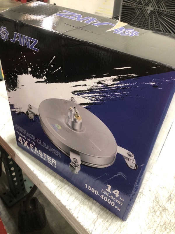 Photo 1 of janz 14" Pressure Washer Surface Cleaner with 4 Wheels, Stainless Steel Housing, 1/4" Quick Plug, 2 Extension Wands, 2 Replacement Nozzles and 3 Spray Nozzles, 4000 PSI