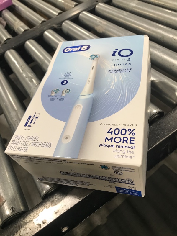 Photo 1 of Oral-B iO Deep Clean Rechargeable Electric Powered Toothbrush, Icy Blue with iO Series 3 Limited, 2 Brush Heads and Travel Case - Pressure Sensor to Protect Gums - 3 Cleaning Settings - 2 Minute Timer
