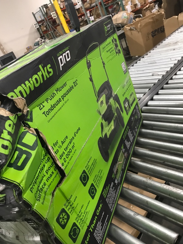 Photo 1 of Greenworks 60V 21” Cordless (Push) Lawn Mower (LED Lights + Aluminum Handles), 5.0Ah Battery and Rapid Charger