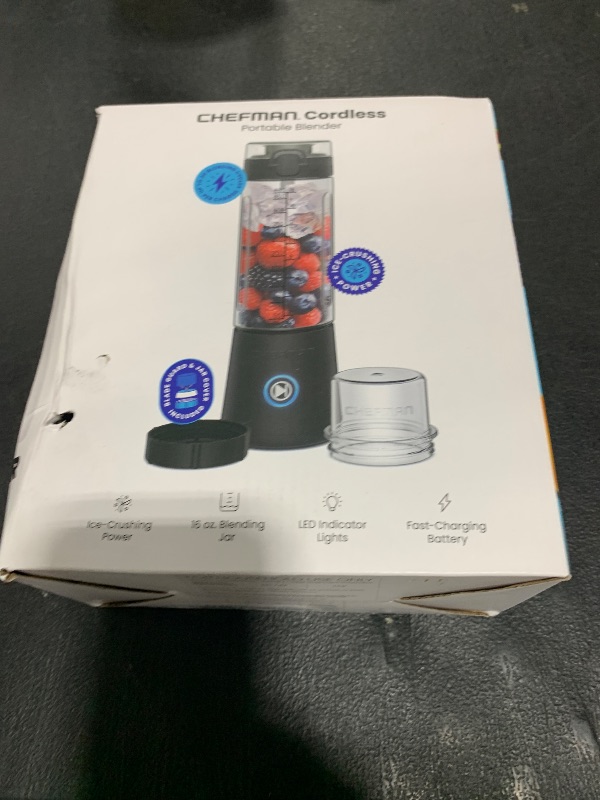 Photo 1 of Chefman Cordless Portable Blender for Smoothies and Shakes, BPA-Free 16 oz Blending Jar w/Stainless-Steel Blades, USB-C Rechargeable with Color-Changing LEDs, Dishwasher-Safe Accessories - Black
