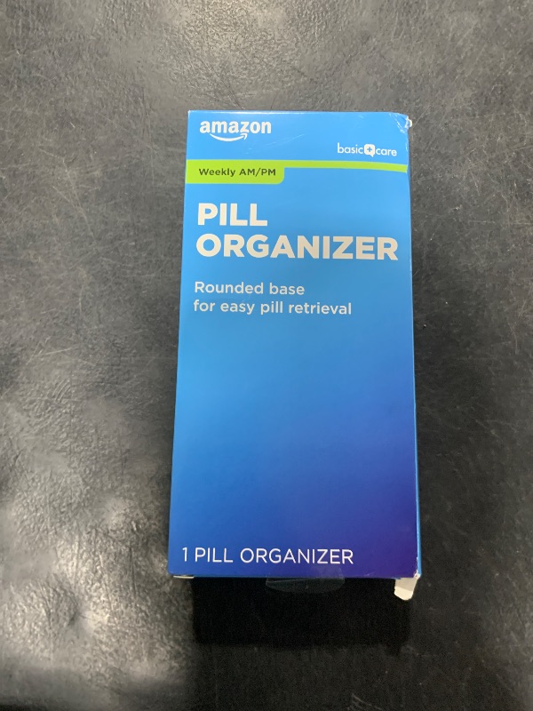 Photo 1 of Amazon Basic Care (7-Day) AM/PM Pill Organizer, Vitamin Case, And Medicine Box, Large Compartments, 2 Times a Day, Blue and Clear Lids