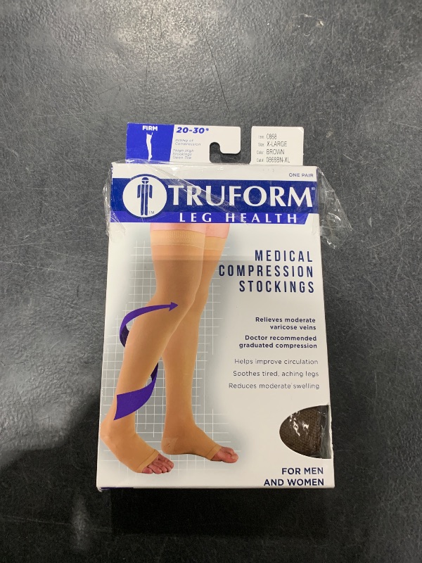 Photo 1 of Truform 20-30 mmHg Compression Stockings for Men and Women, Thigh High Length, Dot-Top, Open Toe, Brown, X-Large
