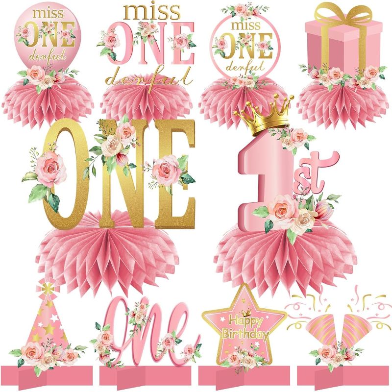Photo 1 of 10Pcs Miss Onederful Birthday Decorations Honeycomb Centerpieces for Baby Girls, Pink Rose Gold 1st Birthday Table Centerpiece Party Supplies, Floral First Birthday Table Topper Sign Decor