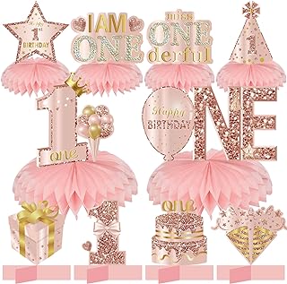Photo 1 of 10Pcs 1st Birthday Decorations Honeycomb Centerpieces for Baby Girls, Pink Rose Gold Miss Onederful First Birthday Table Centerpieces Party Supplies, One Year Old Bday Table Topper Decor