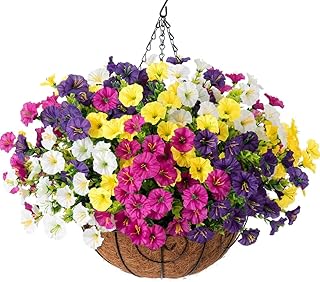 Photo 1 of Artificial Faux Hanging Flowers Plants Baskets for Outdoor Spring Summer Decoration, Fake Silk Morning Glory in Planter UV Resistant Realistic for Outside Porch Patio Balcony Garden Yard