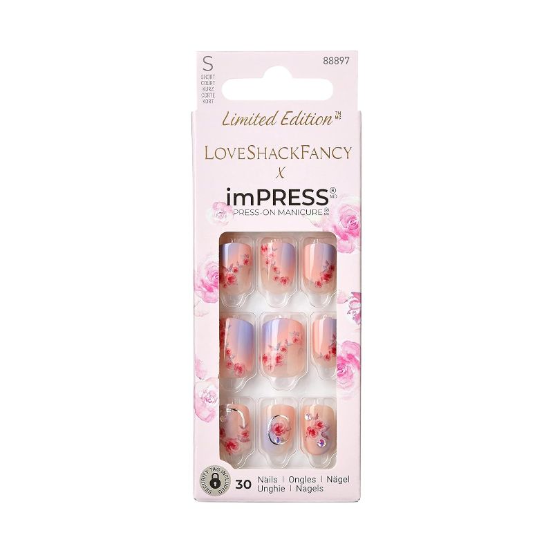Photo 1 of KISS LoveShackFancy x imPRESS Press-On Manicure Limited Edition, Style "Sunkissed Peach" Short Square Pink Press-On Nails, Includes Prep Pad, Mini Nail File, Cuticle Stick, & 30 Fake Nails