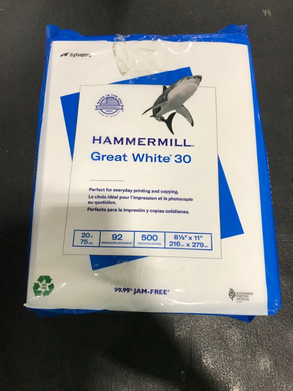 Photo 1 of Hammermill Printer Paper, Great White 30% Recycled Paper, 8.5 x 11-1 Ream (500 Sheets) - 92 Bright, Made in the USA, 086710