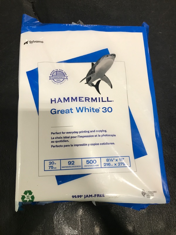 Photo 1 of Hammermill Printer Paper, Great White 30% Recycled Paper, 8.5 x 11-1 Ream (500 Sheets) - 92 Bright, Made in the USA, 086710