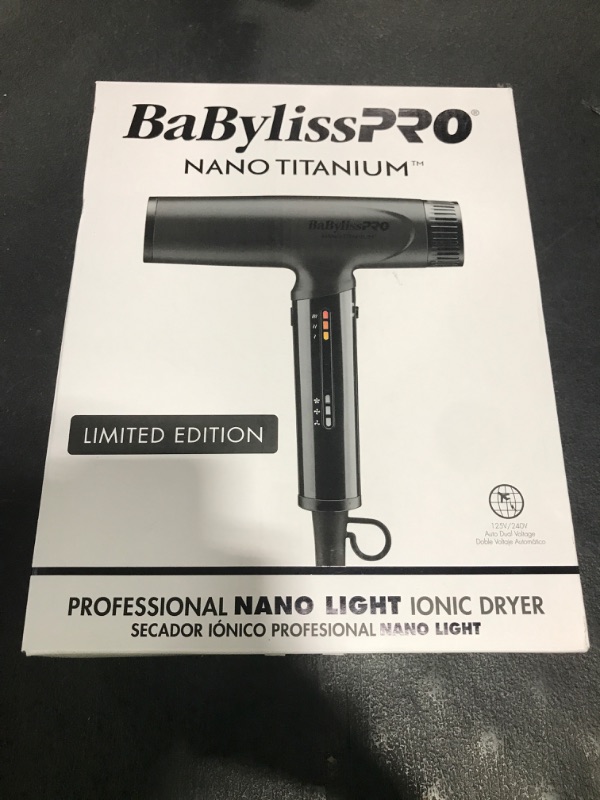 Photo 1 of BaBylissPRO Nano Titanium Professional Nano Light Ionic Dual-Voltage Lightweight Hair Dryer in Black, Portable Travel Professional Styling Tool with Diffuser, Blow Dryer Set for All Hair Types