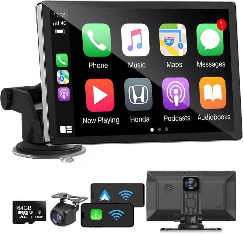Photo 1 of Wireless CarPlay Screen - 9'' Portable Car Stereo with 4K Dash Cam, 1080P Backup Camera, Satellite Radio, Apple CarPlay & Android Auto, GPS Navigation/AirPlay/Voice Control