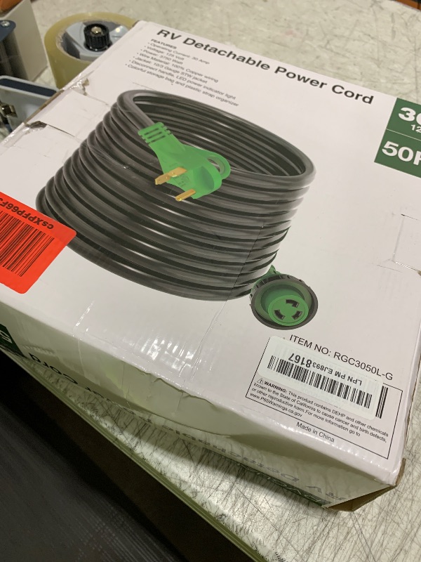 Photo 1 of RVGUARD 30 Amp 50 Foot RV Power Extension Cord, Heavy Duty STW Cord with LED Power Indicator and Cord Organizer, 30 Amp Male Standard to 30 Amp Female Locking Connector, Green, ETL Listed