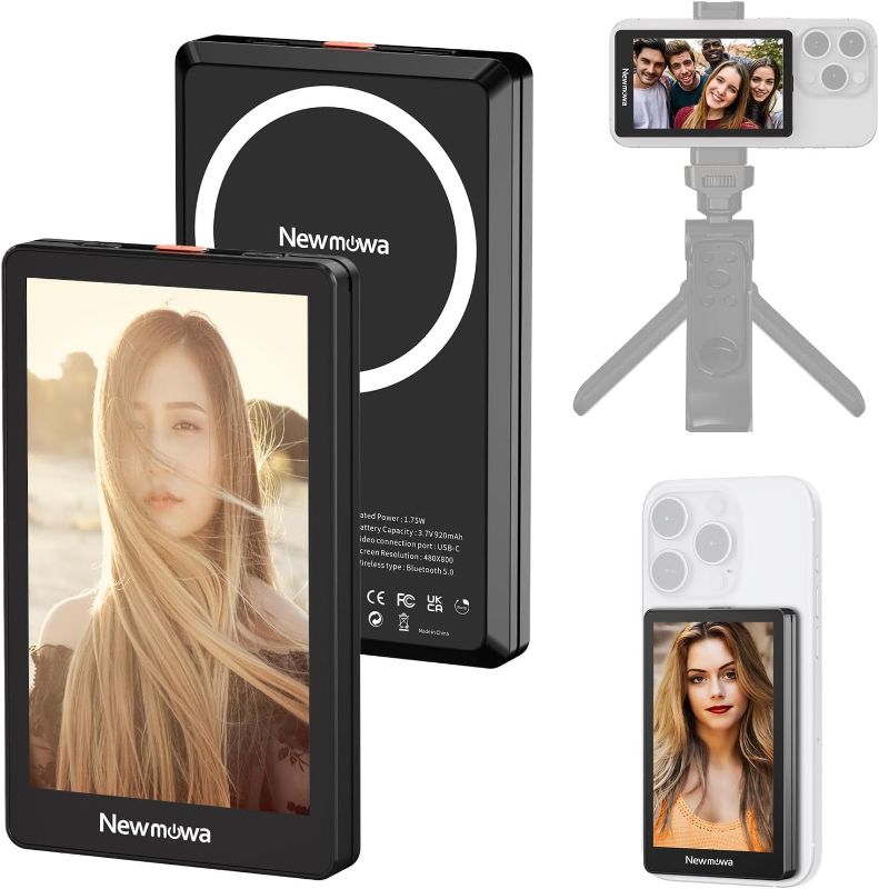 Photo 1 of Newmowa Black Magnetic Phone Vlog Selfie Monitor Screen, 1080P Wireless Recording, Using Phone Rear Camera for Selfie Vlog Live Stream TikTok, Compatible with iPhone(Support 4K 30fps Wired Recording)
