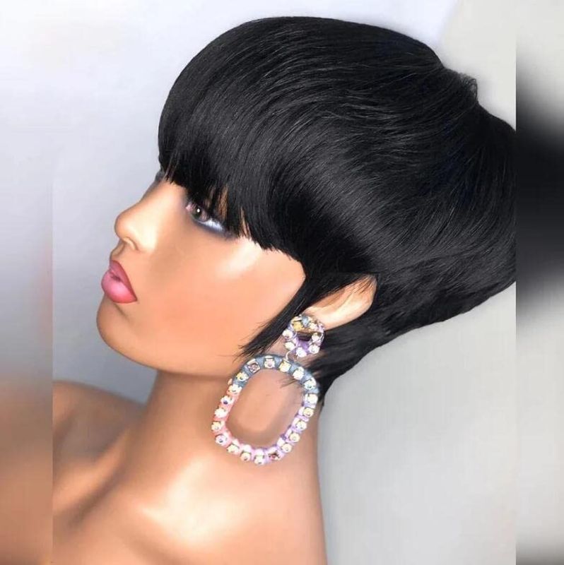 Photo 1 of PangDongLai Chic Elegent Pixie Cut Wigs for Black Women Short Layered Pixie Wigs With Bangs Full Machine Made Brazilian Virgin Straight Human Hair Natural Black Color (pixie cut wig, Black color)
