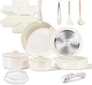 Photo 1 of Chef Power Ceramic Cookware Set Non Toxic with Detachable Handles, Healthy Nonstick Pans and Pots Set 19 Pcs, Induction Dishwasher Oven Safe Kitchen Set, PFAS PFOA & PTFE Free, Cream White
