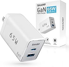 Photo 1 of Sharp USB C Charger, 65W, 2 Port (USB A+C), Compact Foldable GaN Fast Charge for MacBook Pro/Air, iPad Pro, Galaxy S23, Dell XPS 13, Note 20/10+, iPhone 15/Pro, and More - White, G451A1CU-WHT
