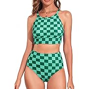 Photo 1 of Herseas Women's Bikini Sets High Neck Tropical Leaf Print High Waisted Two Pieces Swimsuits Bathing Suits 2XL 
