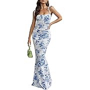 Photo 1 of KUTUMAI Women's Summer Floral Bodycon Maxi Dress Spaghetti Strap Sleeveless Boho Long Dresses L