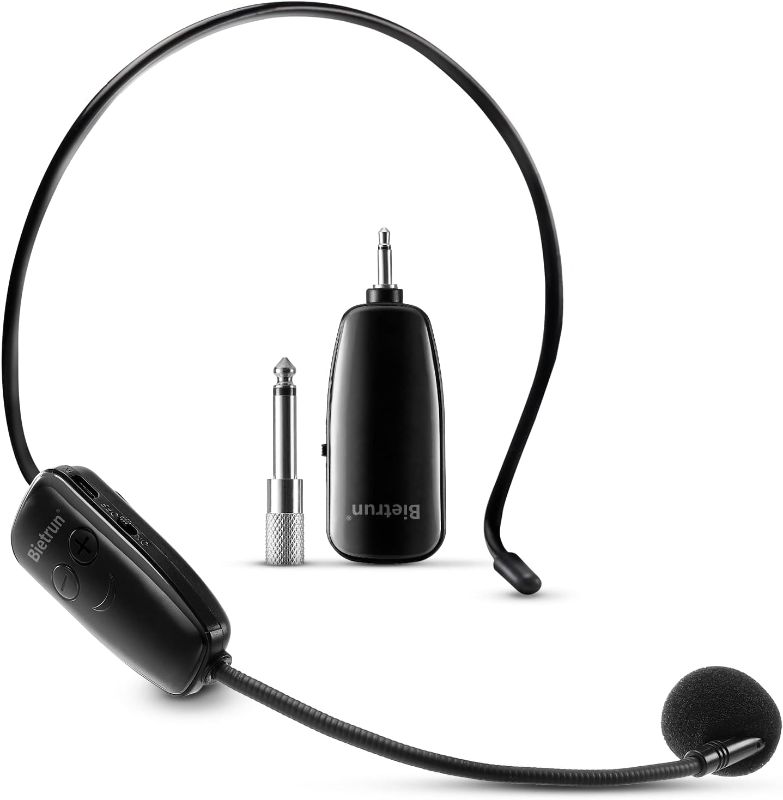 Photo 1 of Bietrun Wireless Microphone Headset, UHF Wireless Headset Mic System, 160ft Range,1/8'' and 1/4'' Plug, for Speakers, Voice Amplifier, PA System(Not Supported AUX/iOS)
