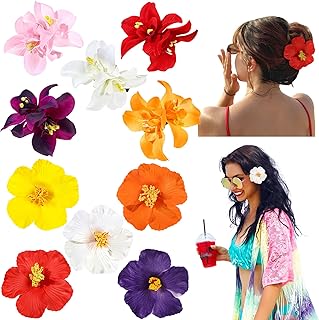 Photo 1 of 10 Pcs Hawaiian Flower Hair Clips for Women, Plumeria Hibiscus Hair Clips, Artificial Flower Clips 3.5 Inch Hair Accessories for Vacation Party Beach Seaside

