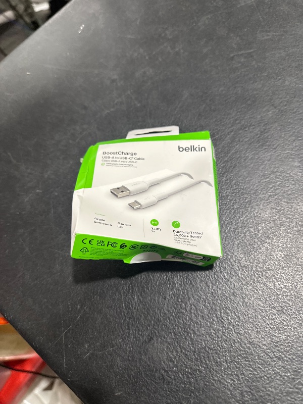 Photo 1 of Belkin BoostCharge USB-C to USB-A Cable (1M/3.3ft) for iPhone 16, iPhone 16 Pro, iPhone 15, Samsung Galaxy S25, S24, Note20, Pixel 9, iPad Pro, Nintendo Switch 2, Carplay and More - White