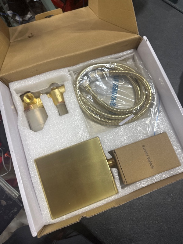 Photo 1 of Gold Shower System with Tub Spout, All Metal Bathtub Shower Faucet Set with High Pressure 10 Inch Rain Shower Head and Handheld Shower Head Set, Brushed Gold (Valve Include)