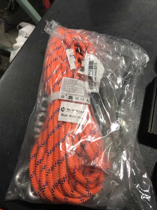 Photo 1 of NewDoar 14KN Static Climbing Rope 8mm(5/16in) Accessory Cord Equipment 33FT(10M) 66FT(20M) 98FT(30M) 165FT(50M) Escape Rope with 2 Carabiners for Ice Climbing Equipment Fire Rescue Rope-Orange/10M