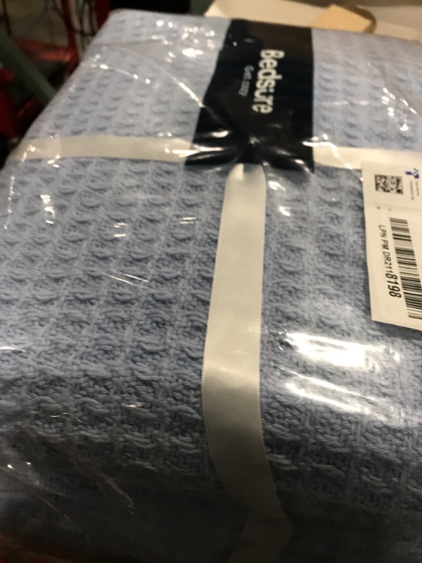 Photo 1 of Bedsure 100% Cotton Blanket Queen Size for Bed - Breathable and Soft, Waffle Weave Blanket for Summer Spring, Sky Blue, 90x90 Inches