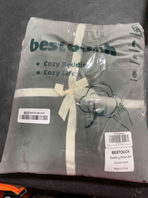 Photo 1 of BESTOUCH Sheet Set 100% Washed Cotton Linen Feel Super Soft Comfortable Chic Lightweight 4 Pcs Home Bedding Set Solid Olive Green Queen