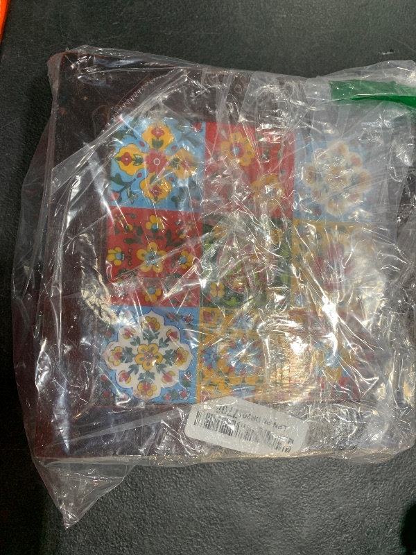 Photo 1 of JGARTS 8 inches Small Wooden Wood Chowki with 9 Colorful Tiles Embedded on Bajot Square Shape Decorative Design for Pooja Items