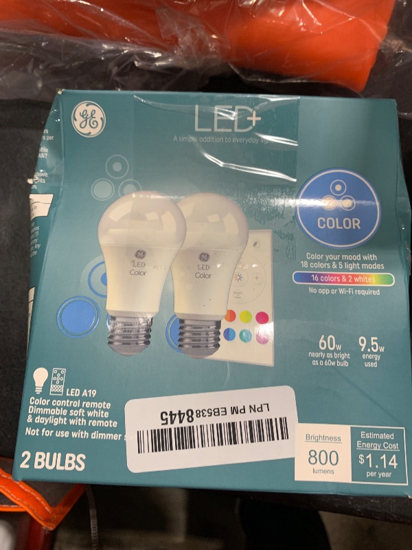 Photo 1 of GE LED+ Color Changing LED Light Bulbs with Remote, No App or Wi-Fi Required, A19 Bulbs, CA Compliant (2 Pack)