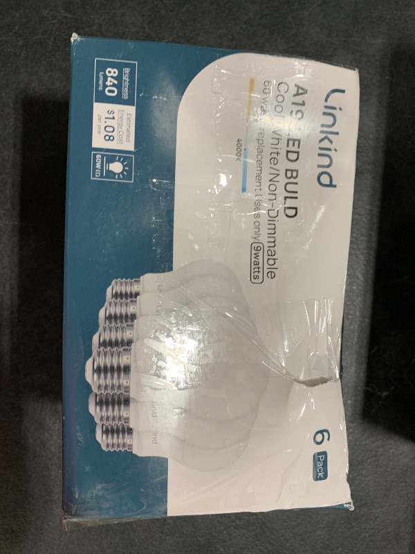 Photo 1 of Linkind A19 LED Light Bulb, 60W Equivalent Light Bulbs, 9W 4000K Cool White, 840 Lumens Non-Dimmable LED Bulb, E26 Standard Base, Energy Efficient UL Listed, 6-Pack