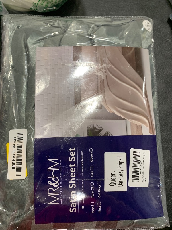Photo 1 of MR&HM Satin Bed Sheets, Queen Size Sheets Set, 4 Pcs Silky Bedding Set with 15 Inches Deep Pocket for Mattress(Queen, Dark Grey Striped)