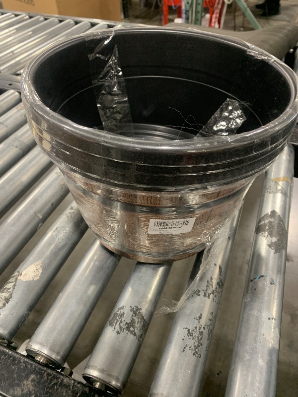 Photo 1 of Quarut Plant Pots Set of 4 Pack 12 inch,Large Whiskey Barrel Planters with Drainage Holes & Saucer.Plastic Flower Pots Imitation Wine Barrel Design, for Indoor & Outdoor Garden Home Plants (Brown)