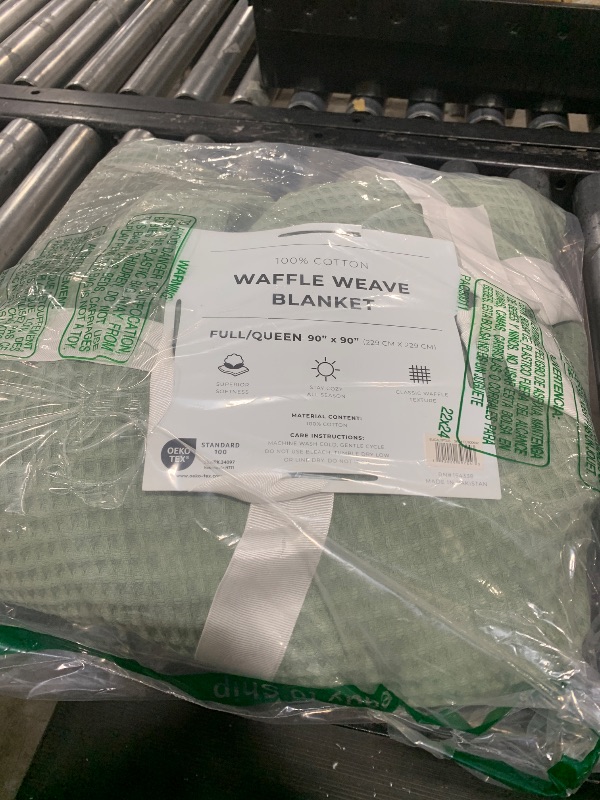 Photo 1 of 100% Cotton Blanket for Full Queen Size Bed - Green Waffle Weave Lightweight Summer Bed Blanket - 90x90in Prewashed Breathable, Woven, Layering Blanket (Full/Queen, Eucalyptus)