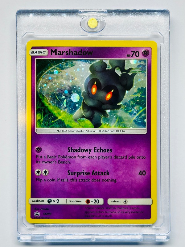 Photo 1 of 593023…  Pokémon holo Marshadow card in hard plastic case