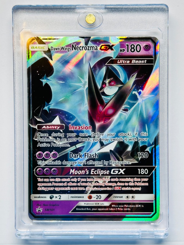 Photo 1 of 593032…Pokémon holo Dawn Wings Necrozma GX card in hard plastic case