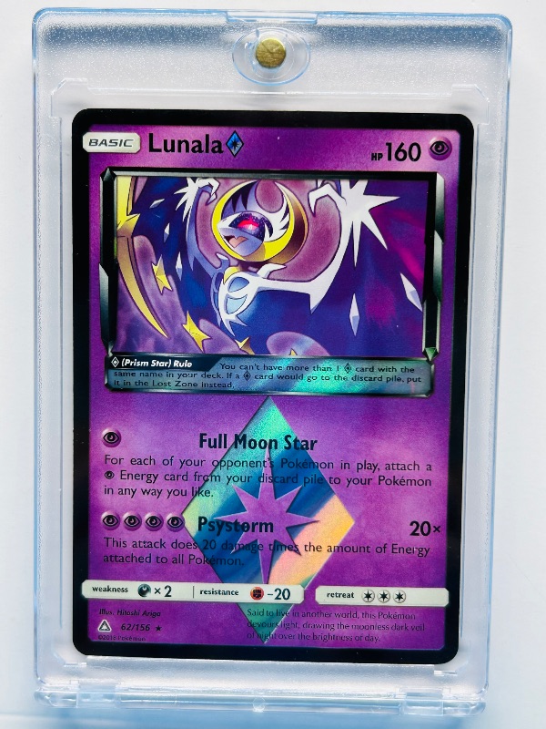 Photo 1 of 593034…Pokémon holo Lunala card  in hard plastic case