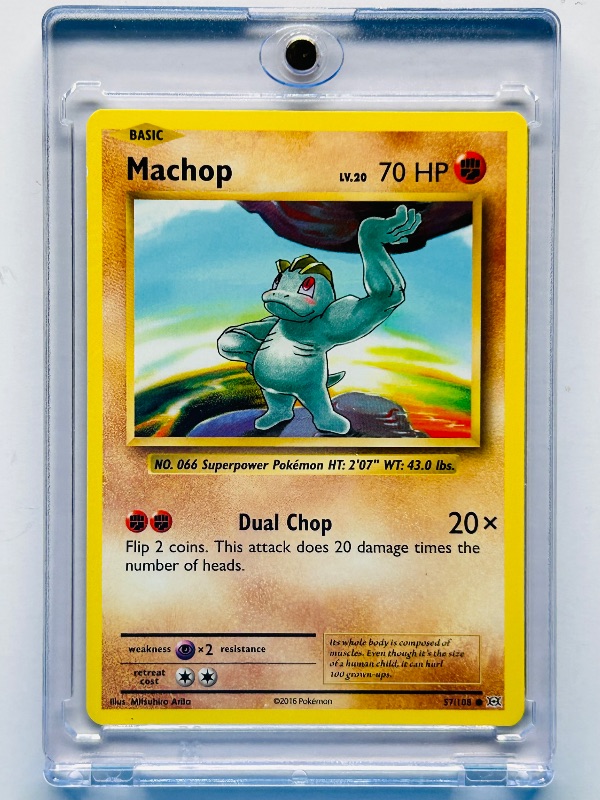 Photo 1 of 593198…Machop Pokémon card in hard plastic case