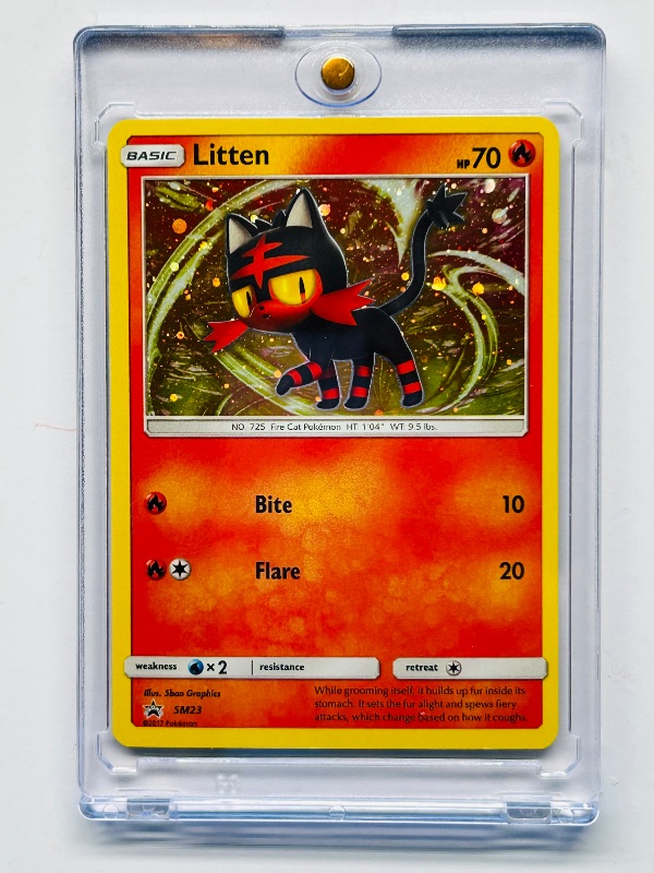 Photo 1 of 593199…Hologram Litten Pokémon card in hard plastic case