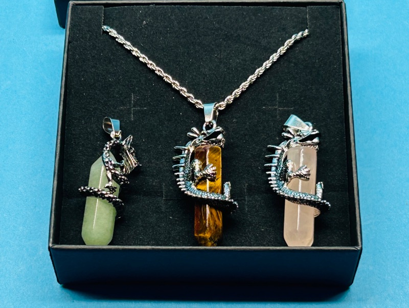 Photo 1 of 593207… 3 interchangeable polished rock dragon pendants with chain in gift box 